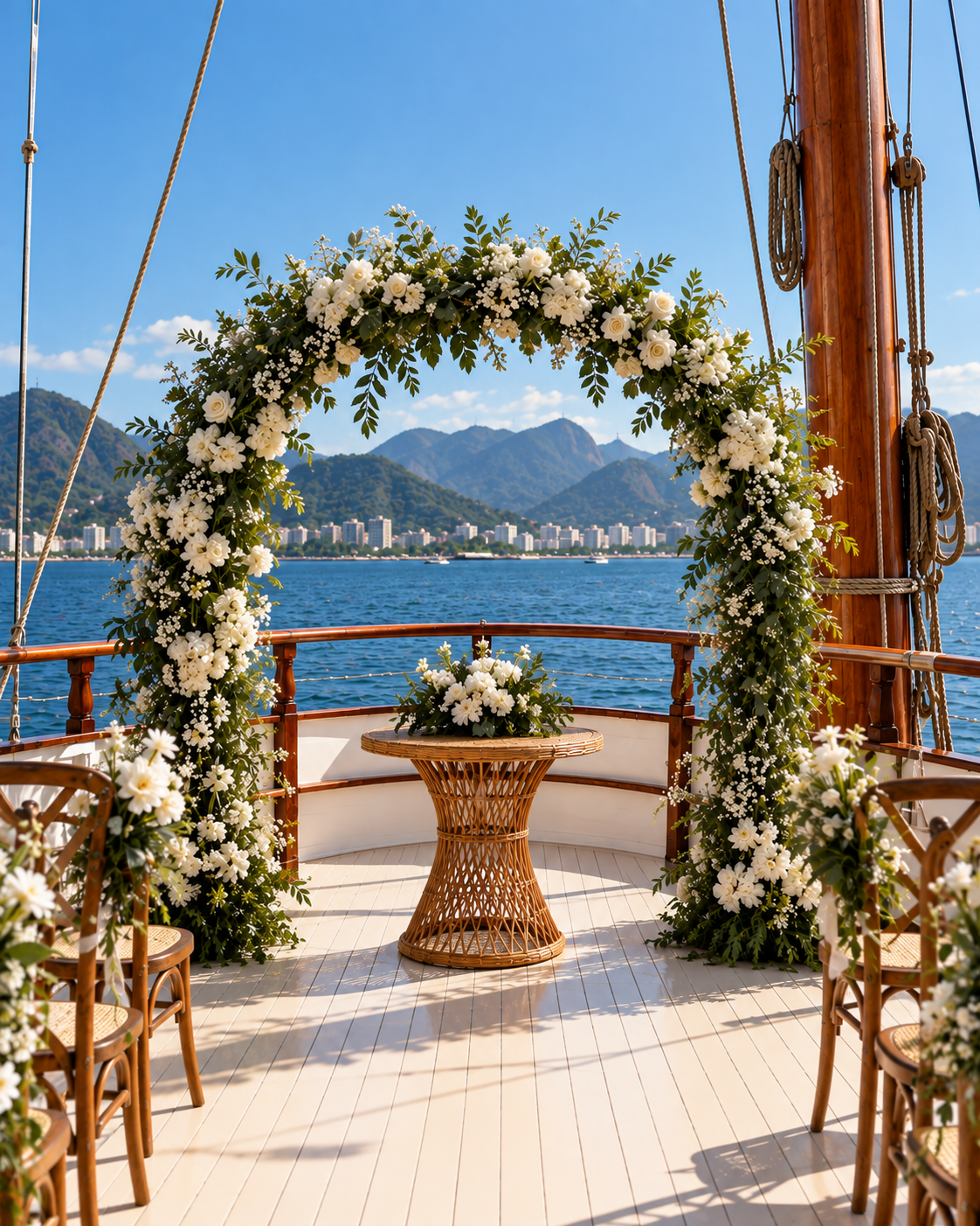 Arco de flores brancas e mesa de altar em rattan no convés de madeira de uma escuna