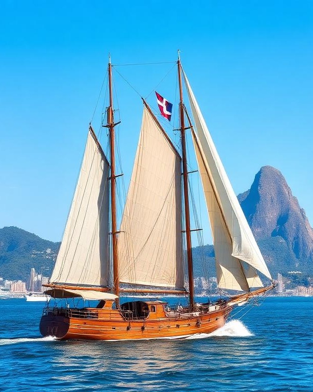 Escuna de madeira navegando na Baía de Guanabara com o Pão de Açúcar ao fundo